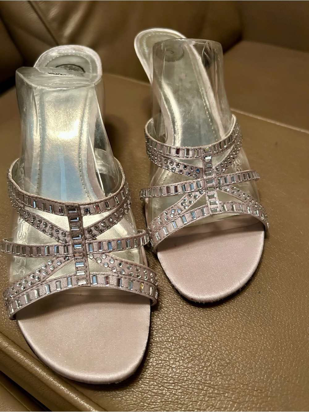 Silver Diamante Embellished Strappy Mules 
Rhinestone Strappy Stiletto Heels San